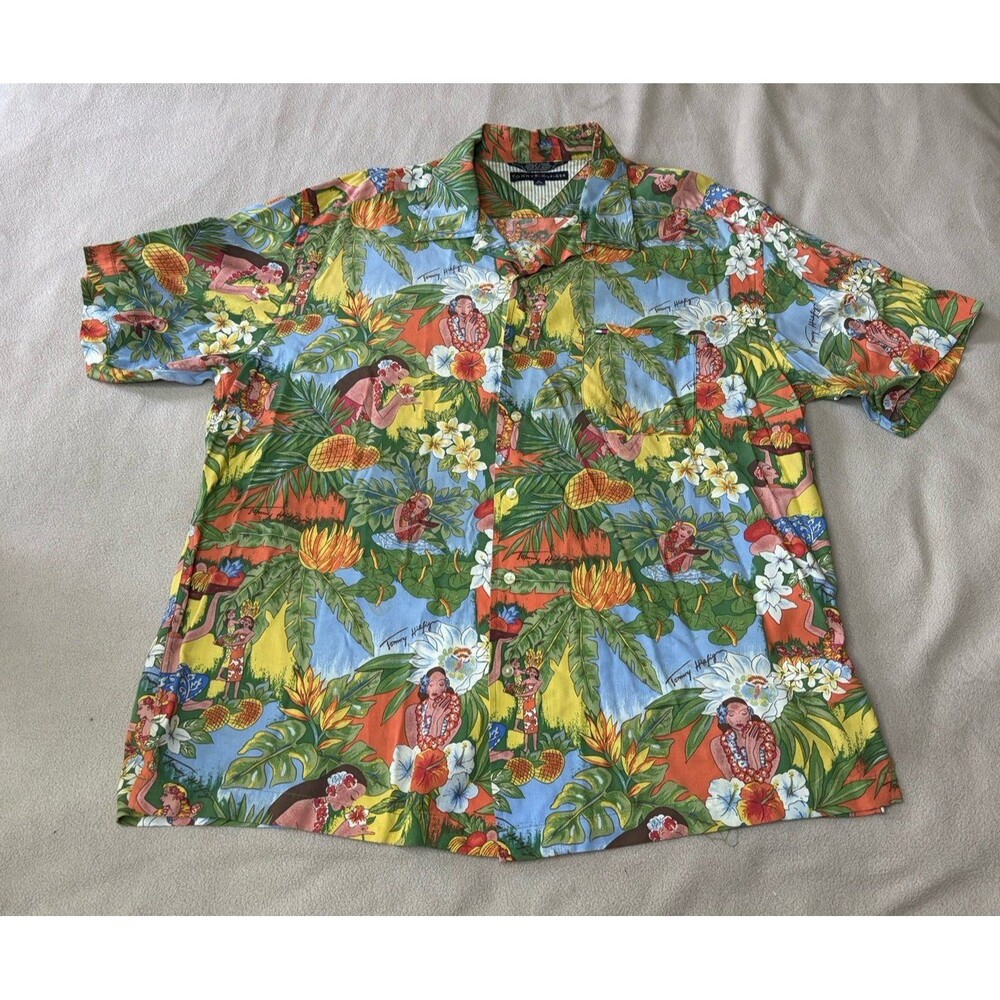 Tommy Hilfiger Hawaiian Hula Girls Shirt Size XL Button Down Short Sleeve